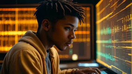 Portrait of a code developer sitting at a table with multiple screens, analyzing an algorithm in a software development agency