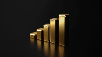 Poster - A stylish bar chart with metallic gold bars on a black reflective surface, showcasing the strength and value of gold in financial markets