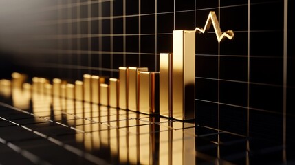 Poster - A stylish bar chart with metallic gold bars on a black reflective surface, showcasing the strength and value of gold in financial markets