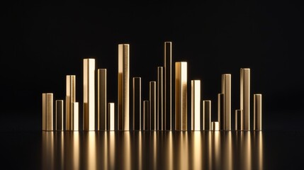 Poster - A stylish bar chart with metallic gold bars on a black reflective surface, showcasing the strength and value of gold in financial markets