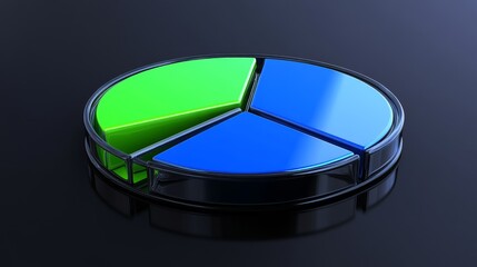 Poster - A transparent pie chart with vibrant blue and green segments, arranged in a circular layout on a dark reflective background, showcasing depth and clarity