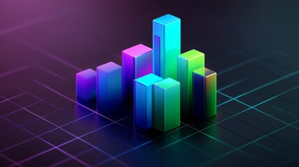 Aufkleber - A vibrant D bar graph with gradient bars in shades of blue and green, positioned on a dark grid background with soft lighting adding depth and dimension