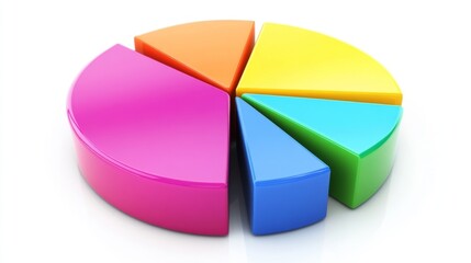 Fototapete - A vibrant pie chart with segments in various colors, each part slightly separated, set on a reflective white surface for a dynamic financial look