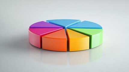 Fototapete - A vibrant pie chart with segments in various colors, each part slightly separated, set on a reflective white surface for a dynamic financial look