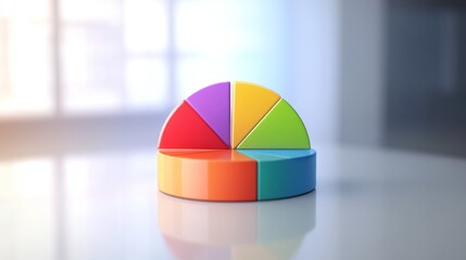 Poster - A vibrant pie chart with segments in various colors, each part slightly separated, set on a reflective white surface for a dynamic financial look