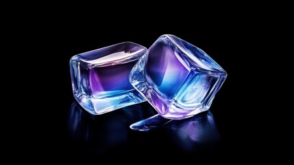 Poster - Clear ice cubes with a gradient blue and purple light shining through, casting intricate shadows and reflections on a black background