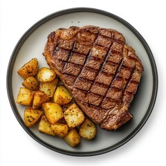 Wall Mural - Grilled steak, roasted potatoes, plate, overhead, studio, food photography, menu