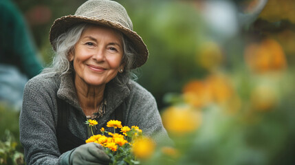 Smiling elderly woman wearing a hat and gardening gloves, tending to vibrant yellow flowers in a lush green garden on a sunny day