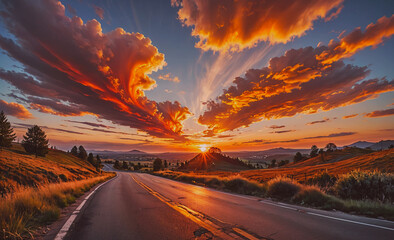 Poster - Sunset over a road with a large cloud in the sky. The sky is orange and the clouds are white