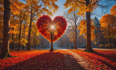 Poster - Tree with a heart shape in the middle of a forest. The leaves are orange and the sun is shining on the tree