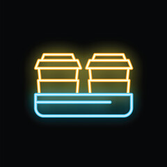 Wall Mural - Neon glowing icon of takeaway coffee cups stacked on a tray, suggesting a cafe or coffee shop