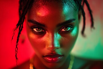 Poster - Stunning portrait of a young woman with striking eyes and colorful lighting effects in an artistic setting