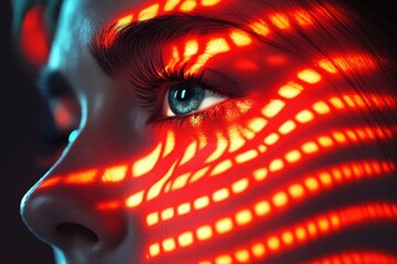 Leinwandbilder - Close-up of a person's eye illuminated by red and orange light patterns in a dark setting
