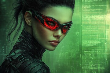 Poster - Woman in futuristic sunglasses stands confidently against a green digital backdrop showcasing high-tech elements and codes