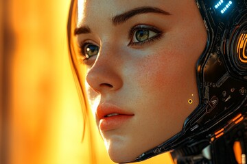 Poster - Close-up of a futuristic humanoid figure with advanced technology and striking features in a glowing environment