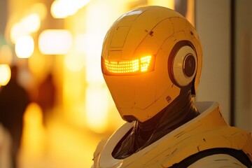 Poster - Futuristic robot character with glowing visor stands in an urban setting during evening hours
