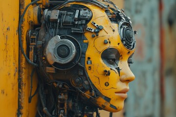 Leinwandbilder - Robot head with mechanical and electronic components displayed in an urban environment during daylight hours