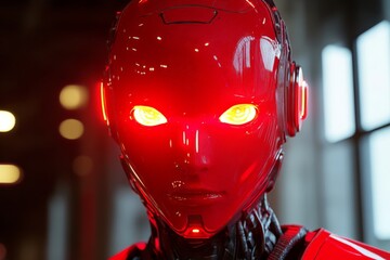 Fototapete - Advanced humanoid robot with glowing red eyes in a modern tech environment during a technology exhibition