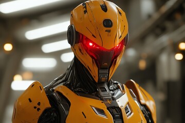 Poster - Futuristic yellow robot with glowing red eyes stands in a high-tech environment