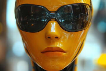 Leinwandbilder - Futuristic mannequin with yellow finish and sleek sunglasses displayed in urban retail environment