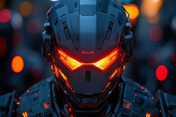 Poster - Futuristic robotic soldier with glowing eyes stands in a high-tech environment
