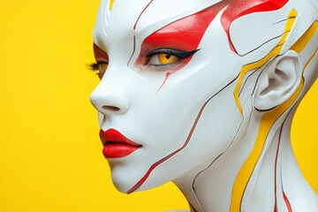 Poster - Striking fashion art display with bold makeup and vibrant background featuring a futuristic design