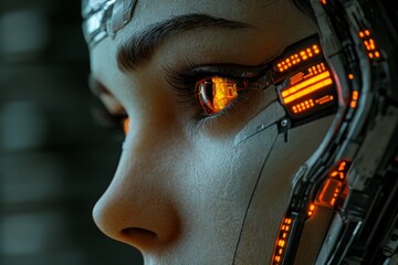 Poster - Close-up view of a futuristic female android with glowing orange eyes and metallic features