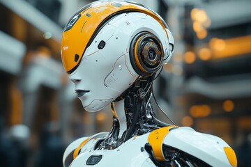 Poster - Futuristic robot with sleek design interacting in a modern urban environment during daylight