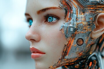 Poster - Futuristic human-robot hybrid with glowing blue eyes and intricate circuitry details