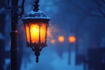 Aufkleber - Street lamp glowing warmly in snowy winter evening atmosphere