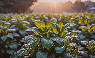Poster - Field of green plants with leaves that are wet. The plants are growing in a field and the sun is shining on them
