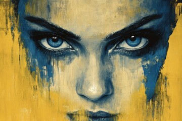 Poster - Artful portrait of a woman with intense blue eyes and striking facial features against a vibrant yellow background