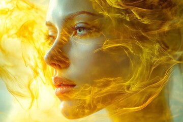 Aufkleber - Portrait of a woman with golden flames surrounding her face in an ethereal and surreal setting