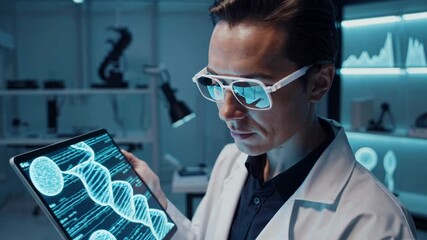 Leinwandbilder - Scientist conducts research in a modern laboratory analyzing genetic data on a digital tablet