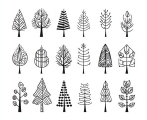 Wall Mural - The tree logo set includes minimalist plant icons, featuring organic geometric shapes of leaves and pine trees in a modern style