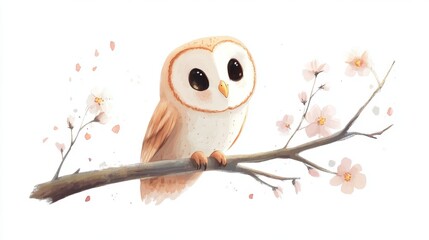 Canvas Print - A decorative element with an owl on a branch, surrounded by greenery and blossoms, set against a white background