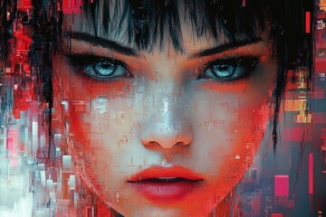 Wall Mural - Futuristic portrait of a young woman with digital elements, vibrant colors, and expressive eyes showcasing emotions of strength and determination