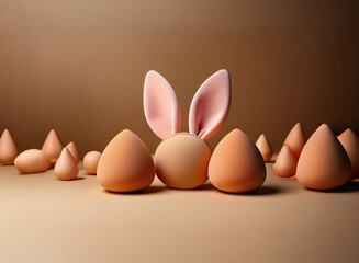Leinwandbilder - A 3D render of a cute bunny's ears atop a round object, surrounded by smaller, similar-shaped objects in a muted orange hue against a matching background.  The scene is minimalistic and subtly playful