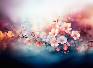 Aufkleber - Soft watercolor painting of delicate pink and white blossoms on a branch, set against a dreamy, blurred background of cool blues and warm pinks.  The image evokes a feeling of serenity and spring.