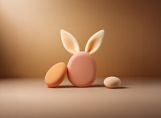 Leinwandbilder - Pastel-colored Easter eggs and bunny ears create a minimalist, 3D rendered scene against a muted brown background.  The composition is simple and elegant.