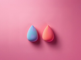 Poster - Two teardrop-shaped objects, one light blue and one coral, sit on a pink background.  Their smooth surfaces and soft pastel colors create a minimalist, elegant aesthetic.