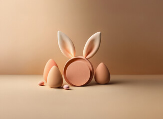 Leinwandbilder - A minimalist Easter scene featuring pastel-colored eggs and bunny ears on a neutral background.  The image evokes a feeling of springtime and celebration.
