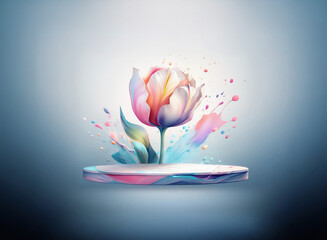 Leinwandbilder - A vibrant, stylized tulip blossoms from a colorful, abstract paint splash, displayed on a circular platform.  The artwork showcases dynamic color and fluid forms.