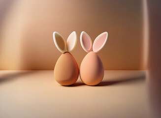 Leinwandbilder - Two pastel-orange eggs, adorned with delicate bunny ears, sit side-by-side on a minimalist beige background.  A soft, warm light illuminates the scene.