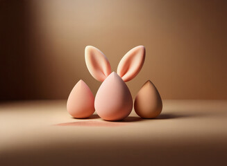Leinwandbilder - Three teardrop-shaped cosmetic sponges; two light pink, one darker;  bunny ears atop the central sponge.  Subtle lighting enhances the 3D effect.