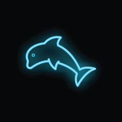 Wall Mural - Minimalist neon sign of a blue dolphin jumping on a black background