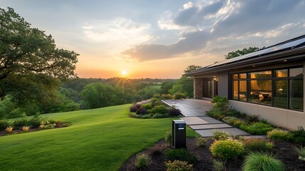 Poster - Sunset view from a modern house with large windows, showcasing a patio area, lush green lawn, and colorful flowerbeds. Warm lighting creates a