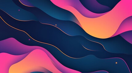 Fototapete - Abstract background with pink, orange, and blue wavy shapes, dark background, gold lines, digital art