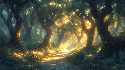 Aufkleber - Sunlit path winds through a lush green forest, golden light filtering through the leaves of ancient trees. Pixel art style