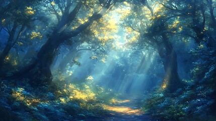 Poster - sunbeams illuminate a mystical forest path, dappled light on lush green and blue foliage, creating a